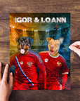 Personalized 2-pet puzzle featuring two dogs in red Russia soccer jerseys.