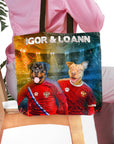 Personalized 'Russia Doggos' tote bag with custom Rottweiler and Pitbull pet portraits in soccer jerseys.