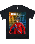 Black Gildan t-shirt with a personalized graphic of a Rottweiler in a red Russian soccer jersey.