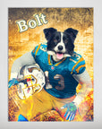Personalized matte poster featuring a Border Collie in a blue and gold football uniform, holding a helmet, with "Bolt" text.