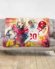 Personalized 2 pet blanket featuring dogs in San Francisco 49ers football uniforms with a fiery background.