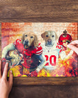 Personalized 2-pet puzzle featuring dogs in San Francisco 49ers football uniforms, on a wooden table.