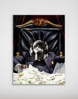Personalized 'ScarPaw' dog poster featuring a Great Dane in a pinstripe suit, seated in a black and gold chair, surrounded by money.