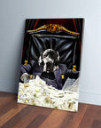 ScarPaw personalized pet canvas featuring a dog in a pinstripe suit, seated at a desk piled with money.