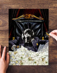 Personalized ScarPaw pet puzzle featuring a Great Dane in a royal, pinstripe suit, surrounded by money.