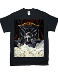 Black Gildan t-shirt with a custom graphic of a dog in a suit sitting at a desk piled with money.