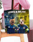 Personalized tote bag featuring custom pet portraits of two dogs in Scotland soccer jerseys.