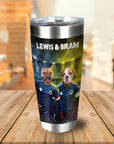 Personalized stainless steel tumbler with two dogs in soccer uniforms, "Lewis & Bram" text.