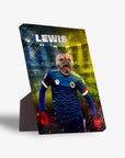 Personalized pet standing canvas featuring a French bulldog in a Scotland soccer uniform, with "LEWIS" above.