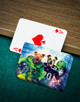 Personalized playing cards featuring two dogs in Seattle football uniforms on a green felt table.
