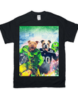 Black Gildan t-shirt with two personalized pet portraits dressed as football players.