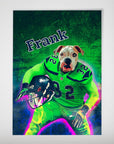 Personalized 'Seattle Doggos' poster featuring a bulldog in a green football uniform with "Frank" above.