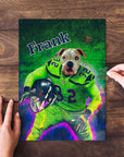 Personalized pet puzzle featuring a bulldog in a green football uniform, with the name "Frank".