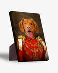 Personalized pet standing canvas featuring a Nova Scotia Duck Tolling Retriever in a red and gold military uniform.