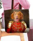 Personalized tote bag with a custom dog portrait in a royal, renaissance-style military uniform.