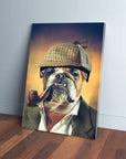 Personalized Sherlock Doggo canvas featuring a bulldog in a plaid deerstalker hat and pipe.
