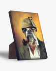 Personalized "Sherlock Doggo" standing canvas featuring a bulldog in a plaid hat and smoking pipe.