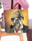 Personalized tote bag with a custom Sherlock-style bulldog pet portrait on a yellow background.
