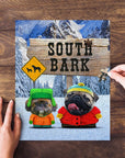 Personalized 2-pet puzzle featuring dogs in South Park style, with a "South Bark" sign and snowy mountains.