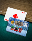 Personalized 'South Bark' playing cards featuring three custom pet portraits on a snowy mountain background.
