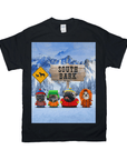Black Gildan t-shirt with "South Bark" design featuring four pugs in winter coats on a snowy mountain background.
