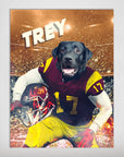 Personalized 'Southern California Doggos' poster featuring a black lab in a maroon and gold football uniform with helmet.