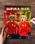 Personalized 2-pet puzzle featuring a boxer and golden retriever in Spain soccer jerseys.