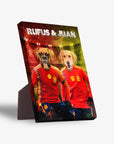 Personalized standing canvas featuring two pets, a Boxer and a Golden Retriever, in red Spain soccer jerseys.