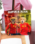 Personalized Spain Doggos Soccer tote bag with custom pet portraits of a Boxer and Golden Retriever.