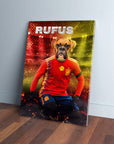 Personalized pet canvas featuring a boxer dog in a red Spain soccer jersey on a stadium background.