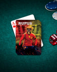 Personalized playing card featuring a boxer dog in a Spain soccer uniform, named Rufus.