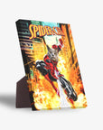 Personalized 'SpiderCat' standing canvas featuring a cat's face on a superhero body, with a city background and flames.