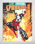 Personalized Spider-Dog poster featuring a Boston Terrier's face on a Spider-Man body, swinging through a city with flames.