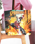 Personalized tote bag with a custom cartoon portrait of a French Bulldog as Spider-Dog in a city scene.