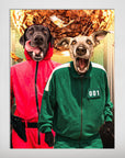 Personalized 'Squid Paws' poster featuring two pets in red and green tracksuits, with a money-filled background.