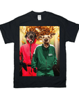 Black Gildan t-shirt featuring two pets in "Squid Game" costumes, a black dog in red and a white dog in green.