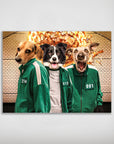 Personalized 'Squid Paws' poster featuring three pets in green tracksuits with a money explosion background.