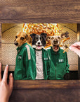 Personalized 3-pet puzzle featuring dogs in green Squid Game tracksuits, with a hand placing a piece.