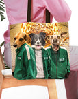 Personalized 'Squid Paws' pet portrait tote bag featuring three dogs in green tracksuits.