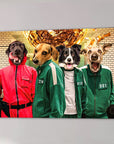 Four personalized pets as Squid Game characters on a custom canvas, featuring dogs in red and green tracksuits.