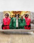 Personalized 5-pet blanket featuring dogs in red and green Squid Game-style costumes on a gray couch.