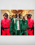 Personalized 'Squid Paws' poster featuring five pets with dog heads on bodies wearing red and green tracksuits.