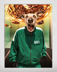 Personalized "Squid Paws" pet poster featuring a dog's head on a green tracksuit body with "001" and a golden sphere of money.