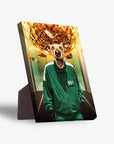 Personalized pet standing canvas featuring a dog in a green tracksuit with a money ball overhead.
