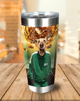 Personalized stainless steel tumbler with a custom dog portrait in a green tracksuit, inspired by Squid Game.