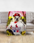 Personalized pet blanket featuring a bulldog in a St. Louis Cardinals baseball uniform with the name 'Henry'.