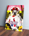 Custom pet canvas featuring a bulldog in a St. Louis Cardinals uniform, red cap, and "HENRY" on the jersey.