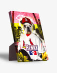 Personalized pet bulldog portrait on a standing canvas, wearing a red baseball cap and white St. Louis Cardipaws jersey.