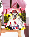 Personalized St. Louis Cardipaws tote bag with a bulldog pet portrait in a baseball uniform.