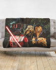 Personalized 3 pet blanket with dogs as Star Wars characters: Darth Vader, Ewok, and Chewbacca.